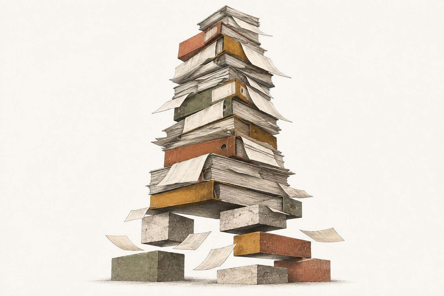 Conceptual engraving of a paper and ledger tower with an unstable foundation
