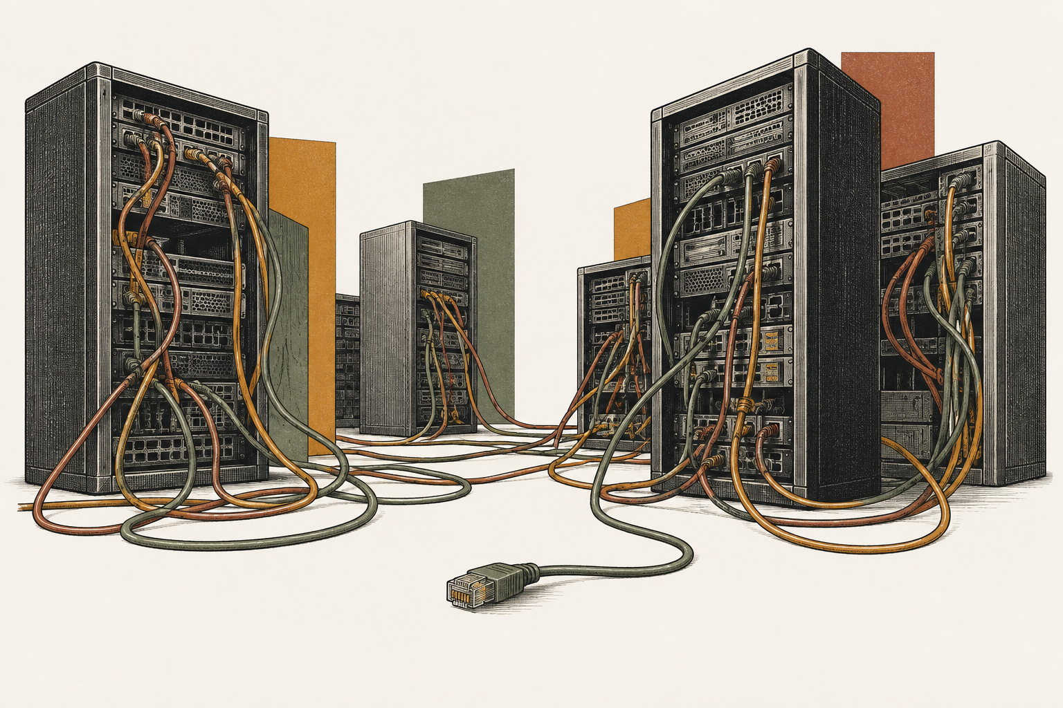 Conceptual engraving of server racks and disconnected network cables